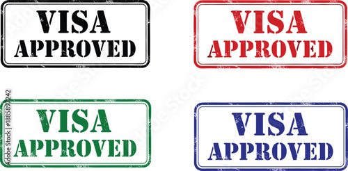 Visa approved stamp set, grunge rubber stamp design, approval badge collection, immigration concept vector, isolated on white background, cad illustration