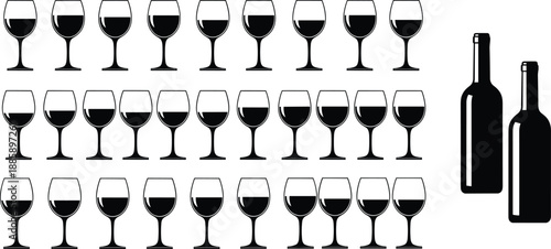 Wine glass icons set, bottle silhouettes, black vector collection, alcohol beverage symbols, bar restaurant design, isolated white background, cad illustration