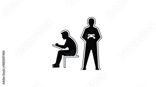 A person sitting and another standing depicted as a striking silhouette