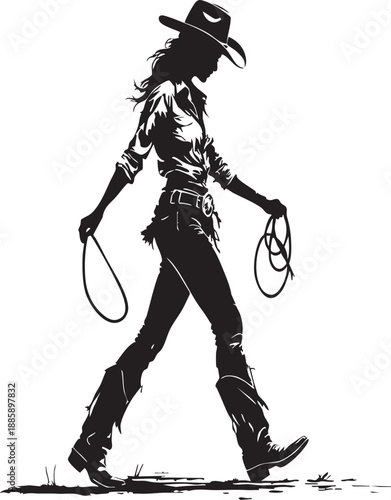 Cowgirl walking with lasso silhouette illustration in black and white western style