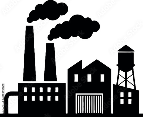 Industrial factory silhouette with smoking chimneys and water tower