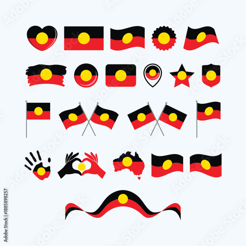 Australian Aboriginal Flag icon set vector isolated on a gray background. Australian Aboriginal flags graphic design element. Set of Aboriginal flag icons in flat style. Aboriginal Flag symbols