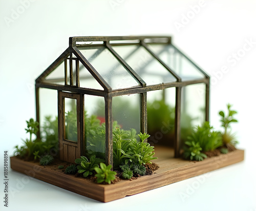 Miniature Greenhouse Isolated on White with Cinematic Lighting