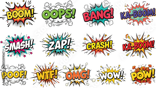 Comic Sound Effects Speech Bubbles Set with Boom, Bang, Wow, Zap and Pop Art Explosion Text