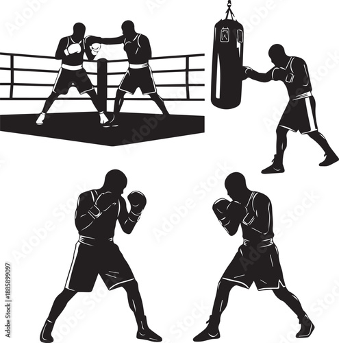 Boxing silhouette graphics with fighters in various stances and punching bag silhouette