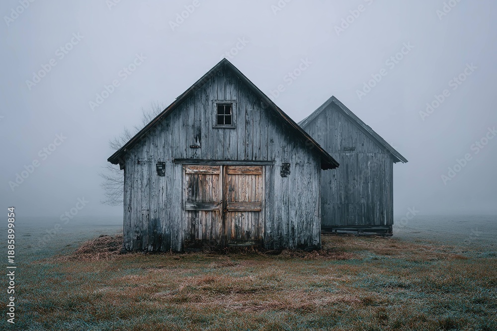 Obraz premium old abandoned barn in a foggy field with broken wooden doors