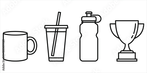 Outline Icons Of A Mug A Tumbler A Water Bottle And A Trophy cup with straw