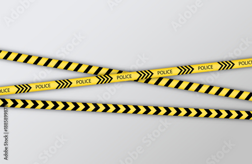 Warning police tapes for crime places. Striped yellow lines for restriction of criminal accident zones. Security ribbons. Seamless barrier borders on white background. Vector illustration.