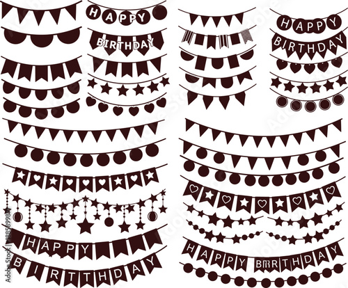 A charming collection of birthday and party banner strings with various shapes and decorative elements