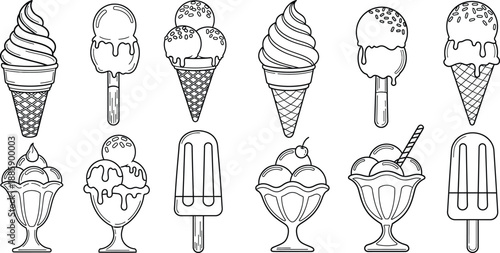 A diverse collection of frozen dessert illustrations featuring ice cream cones, popsicles, and sundaes