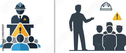 Vector icons depicting occupational safety training and briefings. A construction supervisor leads a meeting with workers, featuring warning signs and safety helmets for industrial site guidance.