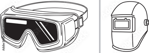 Two professional line-art icons of safety eyewear: a large pair of protective goggles with an elastic strap and a classic welding helmet with a viewing pane for industrial face protection.