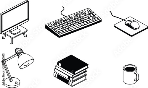 Isometric line art workspace icons computer monitor keyboard mouse desk lamp stack of books coffee mug office desktop setup low angle minimal outline monochrome vector style