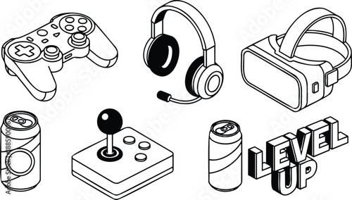Isometric line art close up game controller headset and vr goggles joystick and soda cans with three dimensional level up typography looking at viewer angle playful