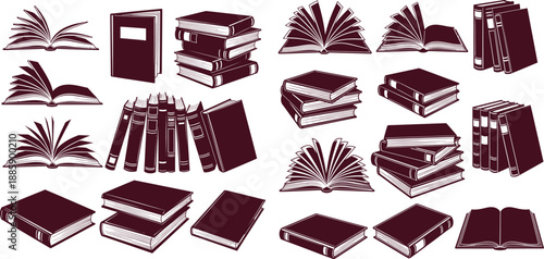 Assortment of book illustrations showing open pages, stacks, and rows on shelves, for educational content