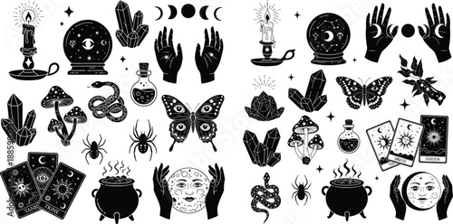 Assortment of magical occult elements including crystals, tarot cards, and celestial symbols