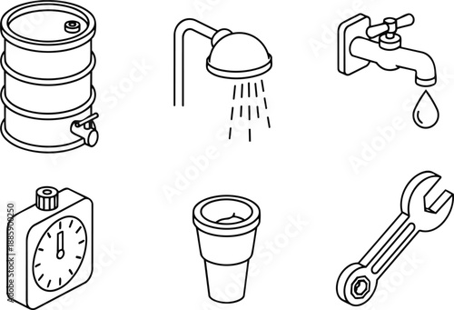 Isometric line art set of plumbing icons showing barrel shower faucet timer filter cup and wrench maintenance tools minimalist technical outline dripping tap water spigot closeup