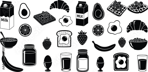 Assortment of popular breakfast meal ingredients and drinks for morning culinary themes