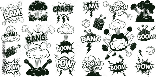 Collection of comic book style explosion clouds and dynamic sound effect bursts