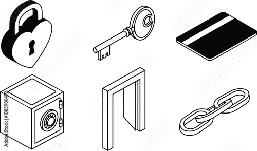 Isometric line art close up view set of security icons heart padlock vintage key credit card safe vault doorway chain linked minimal monochrome vector illustration outline