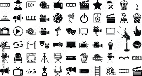 Collection of flat black silhouette icons representing film production, movie watching, and cinema entertainment industry