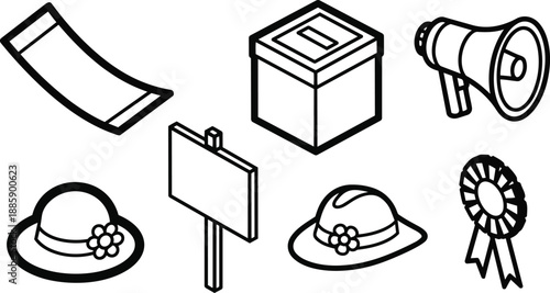 Line art vector set of election icons showing ballot box megaphone ballot paper protest sign two sun hats and rosette ribbon in isometric view black outline