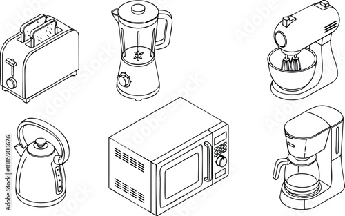 Isometric line art kitchen appliances set detailed isometric view toaster blender stand mixer electric kettle microwave drip coffee maker two slice toaster three quarter angle outline