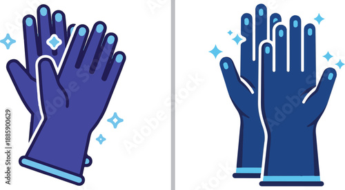 Blue protective work gloves with a white outline and sparkling clean accents. These vector icons represent hygiene, sanitation, and safety gear for medical, janitorial, or laboratory use.