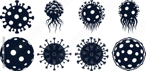 Collection of microscopic pathogen shapes and virus particle silhouettes for scientific and health concepts