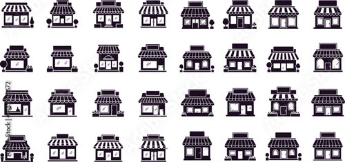 Collection of minimalist shop storefront icons with awnings and display windows for commercial business illustrations