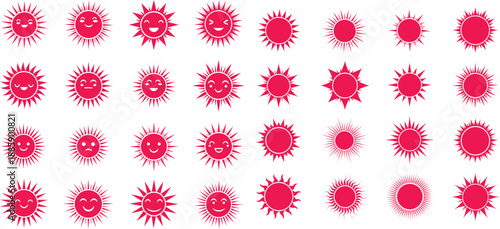 Collection of varied sun icons with different facial expressions and distinctive ray patterns