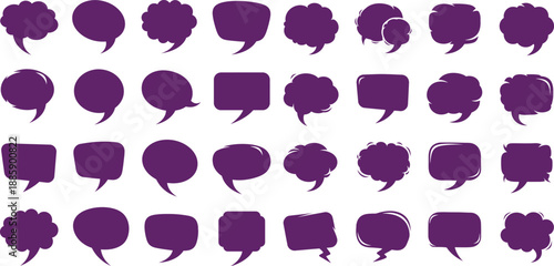 Collection of varied purple speech bubbles and chat boxes with comic style outlines