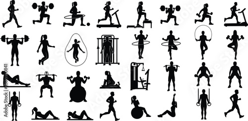 Collection of various male and female silhouettes performing diverse fitness and gym exercises for workout routines