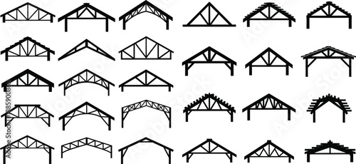 Collection of various architectural roof truss structure silhouettes essential for building construction and engineering plans