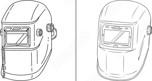 Detailed line art icons of professional welding helmets. These vector illustrations showcase essential industrial safety headgear with viewing lenses and adjustable side knobs.