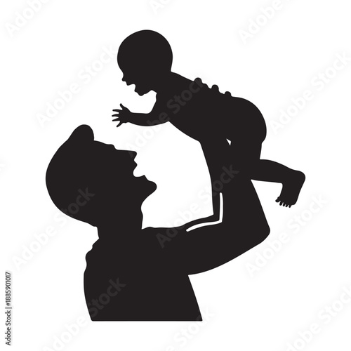 Silhouette of dad playing with infant. Father lifting happy baby silhouette
