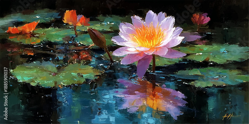 A pink-purple lotus floating above still water under a soft pastel aura, surrounded by mist and calm light 