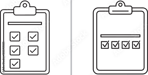 Two minimalist line-art clipboards featuring checklists with multiple checkmarks. These icons represent organization, task completion, and systematic cleaning routines or inspections.