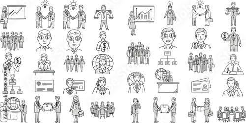 Diverse business professionals engaged in various activities like meetings, negotiations, and financial transactions