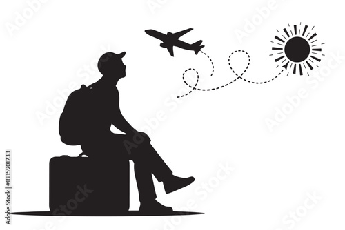 Man sitting on luggage waiting for flight departure silhouette