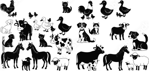 Diverse collection of farm animals and their offspring depicted as simple graphic silhouettes for agricultural concepts