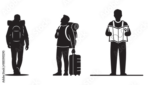 Travelers in silhouette walking with luggage and map
