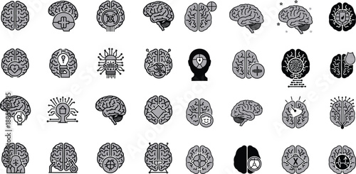 Diverse collection of human brain icons illustrating concepts of health, intelligence, technology, and memory