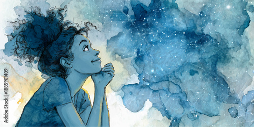 Dreamy girl gazing at starry night sky