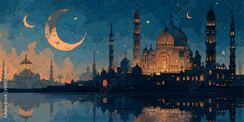 Illuminated mosque skyline at night with crescent moon