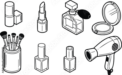 Vector line art top down beauty set with lipstick nail polish brushes compact perfume and hair dryer close up studio angle minimalist monochrome outlined icons isolated