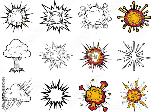 Dynamic comic book style explosion bursts, cloud effects, and radial lines representing impact and sound