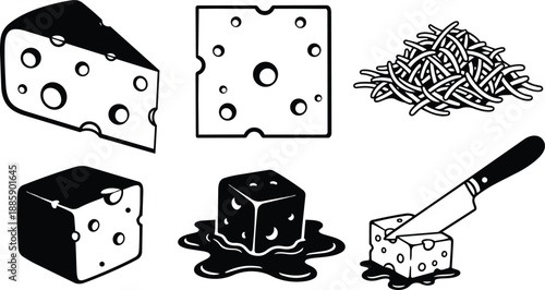 Flat design cheese icon set showing wedge slice square cube melting cube grated pile and knife cutting close up simple black and white line art illustration