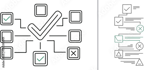 Minimalist icons featuring a central checkmark surrounded by process boxes and a vertical flowchart with ticks and crosses. Perfect for visualizing workflows, task completion, and logic steps.