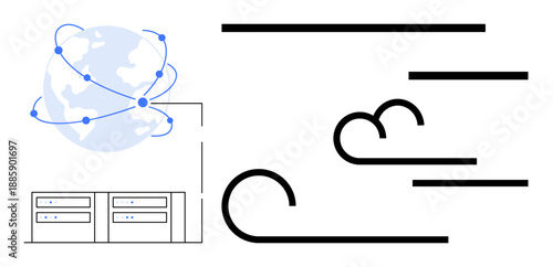 Data management, global networks, cloud computing, information exchange, digital signal flow, server room. Diagram with data servers, global connections and signal waves. Data management and global